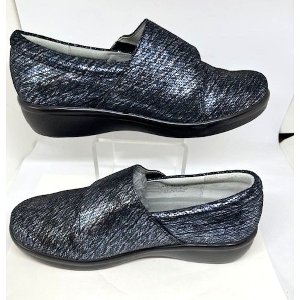 Alegria Lauryn Metallic Blue /Black Leather Strap Slip On Shoe Size 37 NEW